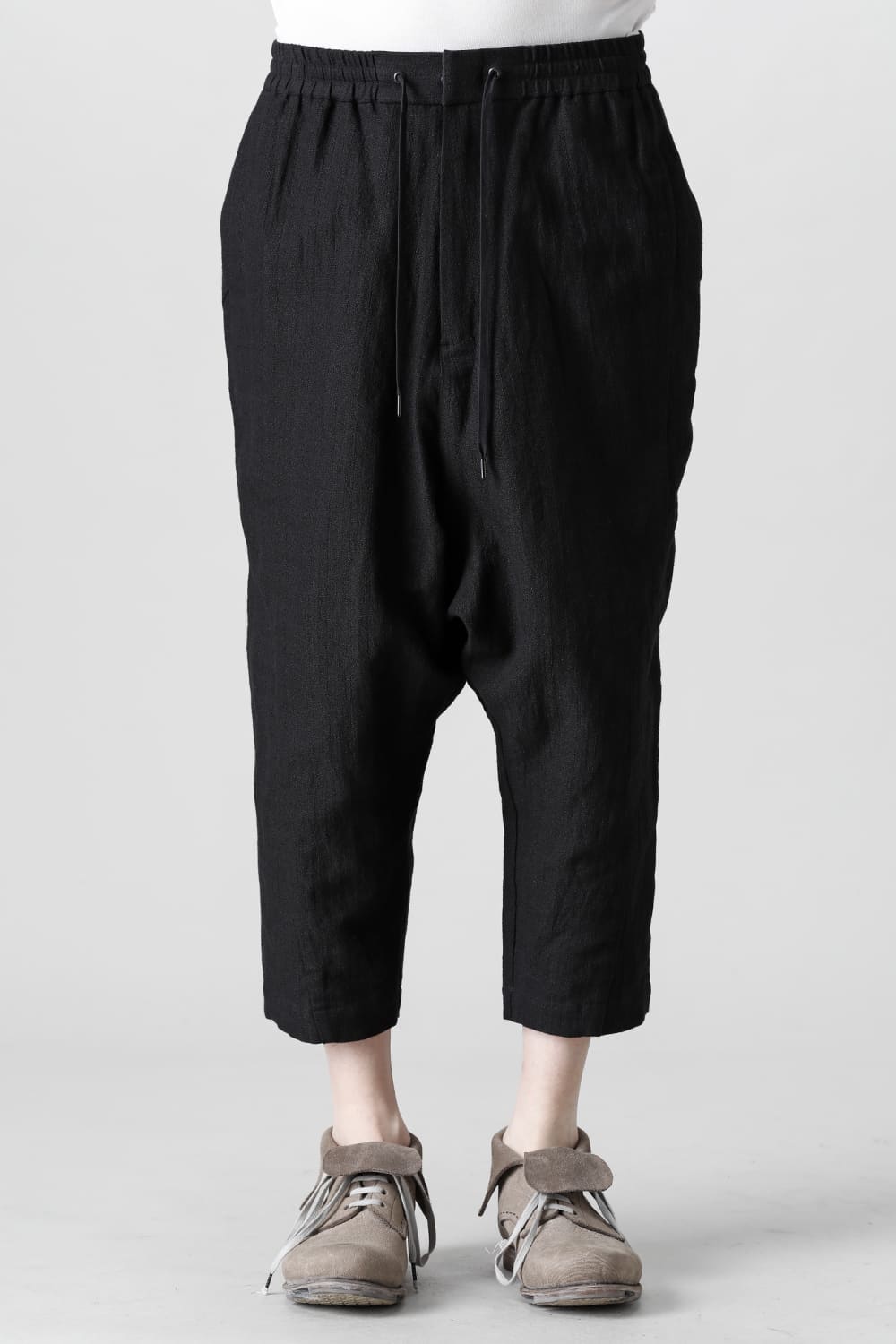 Drop crotch cropped pants cotton ramie shrink