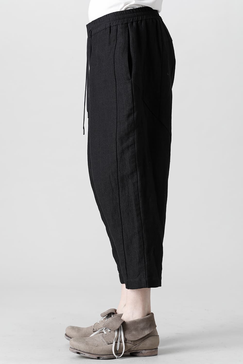 Drop crotch cropped pants cotton ramie shrink