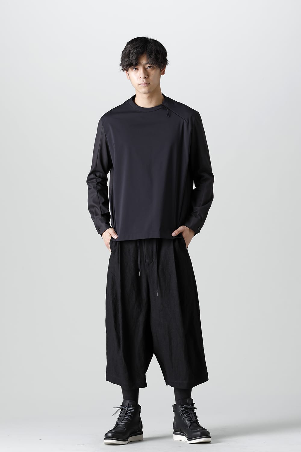 Baggy cropped pants cotton ramie shrink