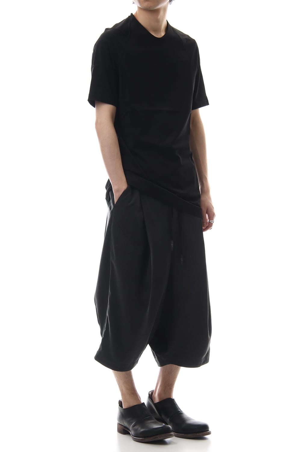 Cropped Wide Pants Silk Herringbone Sand Blast Finish - Black