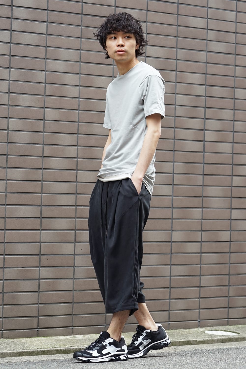 Cropped Wide Pants Silk Herringbone Sand Blast Finish - Black