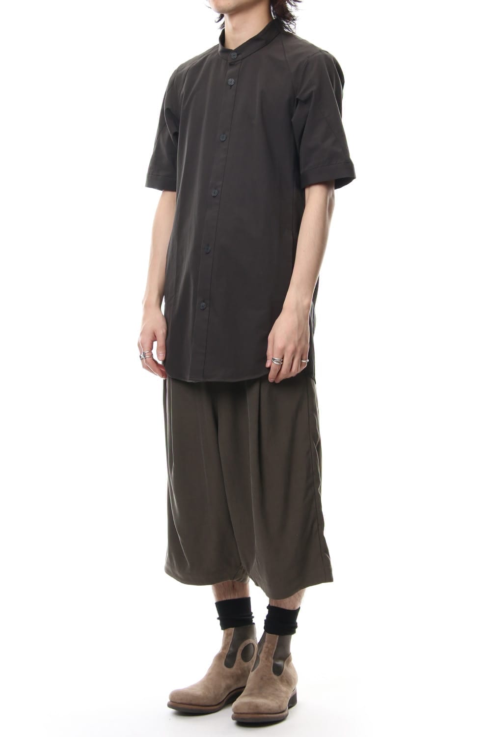 Cropped Wide Pants Silk Herringbone Sand Blast Finish - Gray