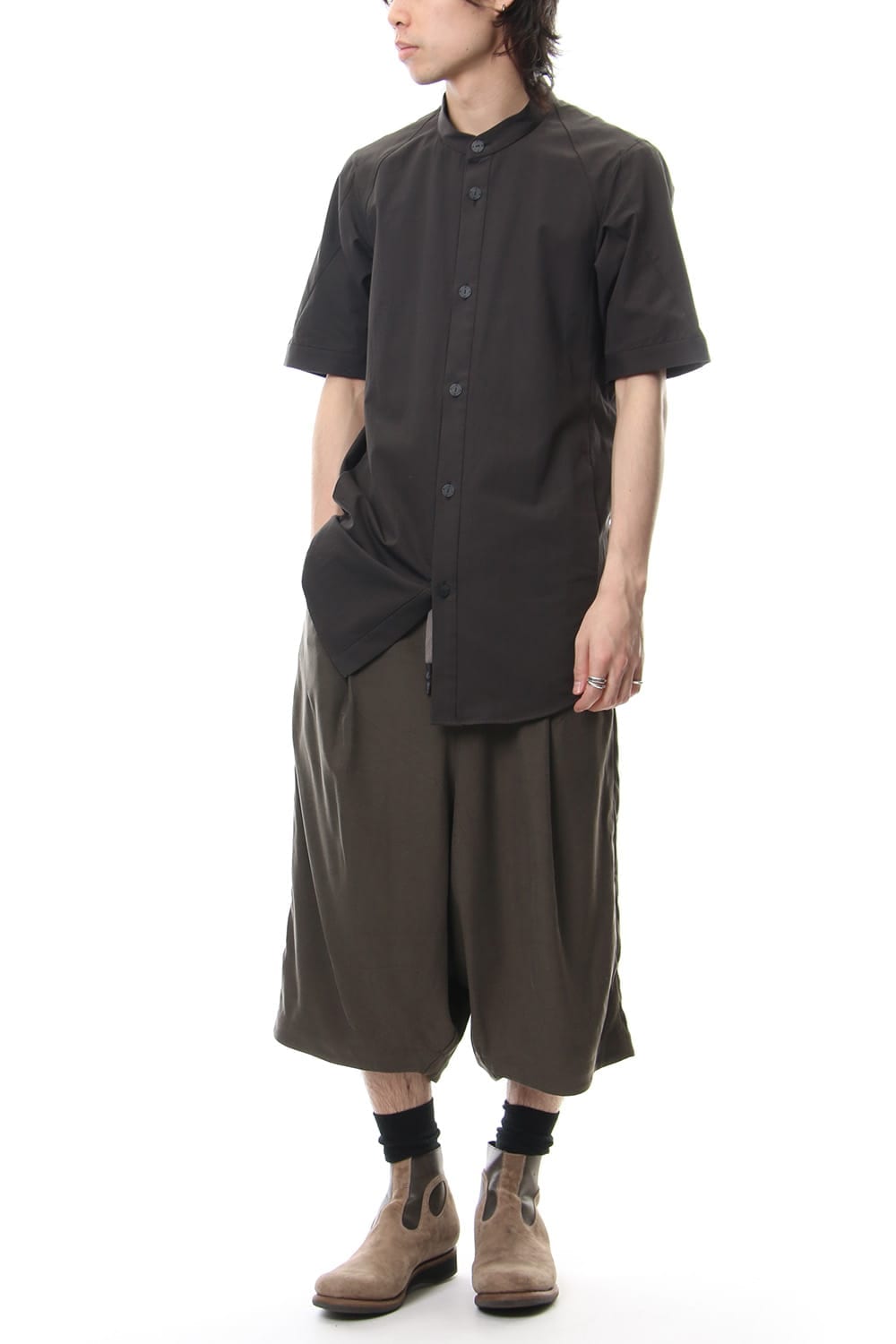 Cropped Wide Pants Silk Herringbone Sand Blast Finish - Gray