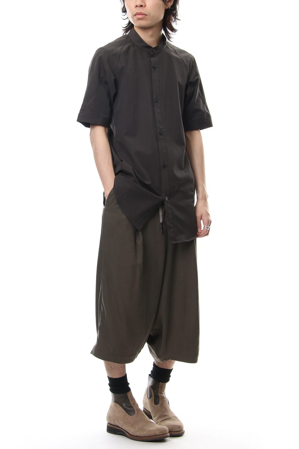 Cropped Wide Pants Silk Herringbone Sand Blast Finish - Gray