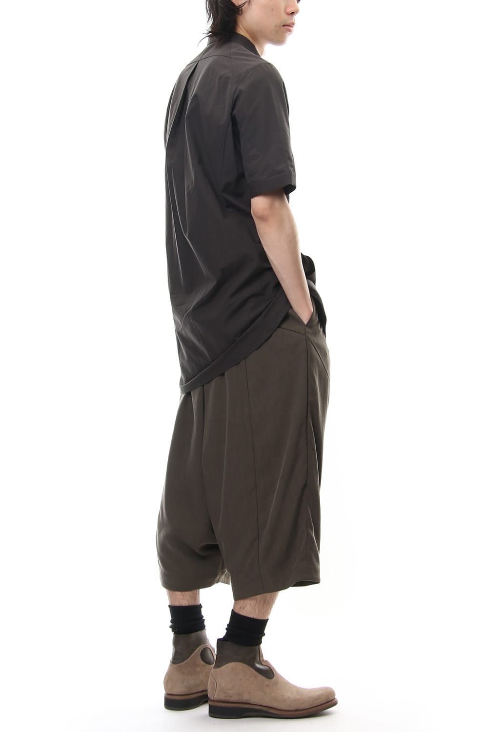 Cropped Wide Pants Silk Herringbone Sand Blast Finish - Gray