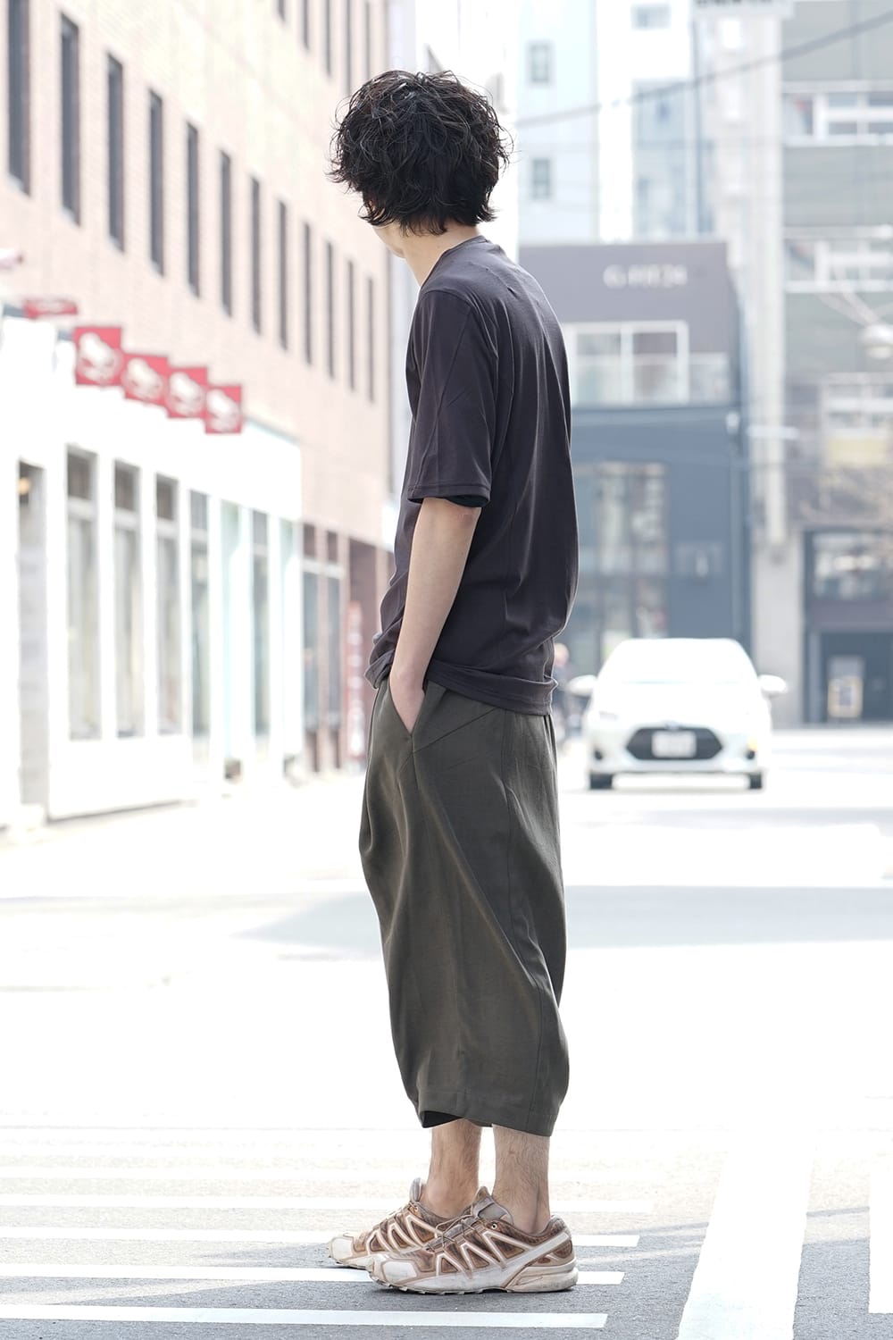 Cropped Wide Pants Silk Herringbone Sand Blast Finish - Gray