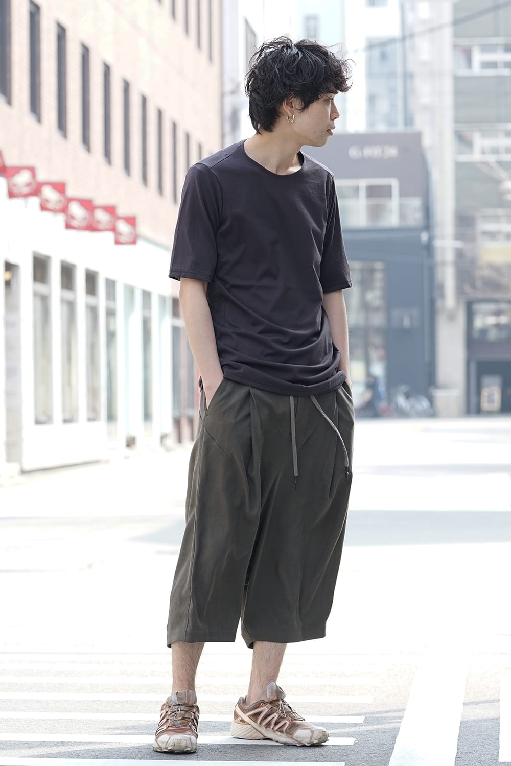 Cropped Wide Pants Silk Herringbone Sand Blast Finish - Gray