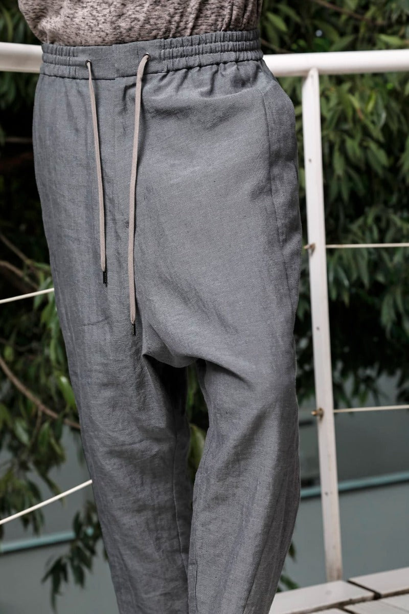 Dropcrotch cropped pants Linen Blue Gray