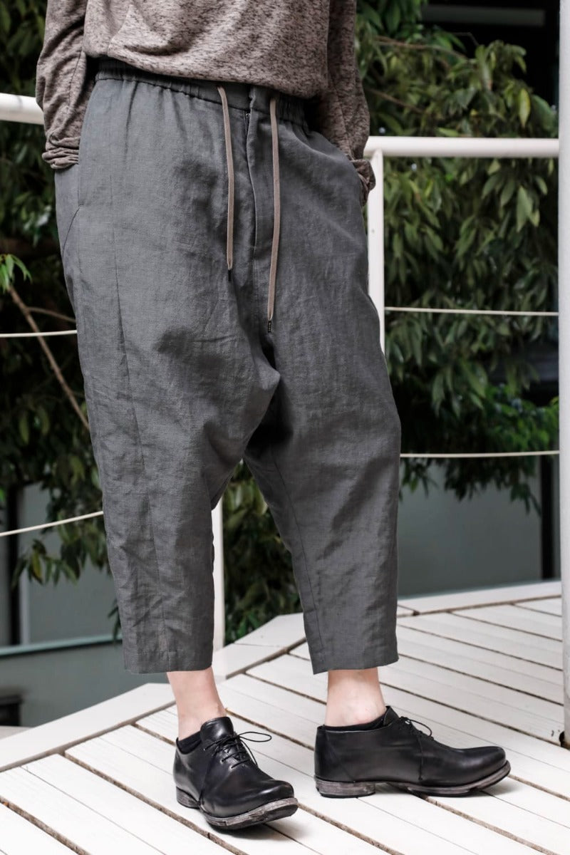 Dropcrotch cropped pants Linen Blue Gray
