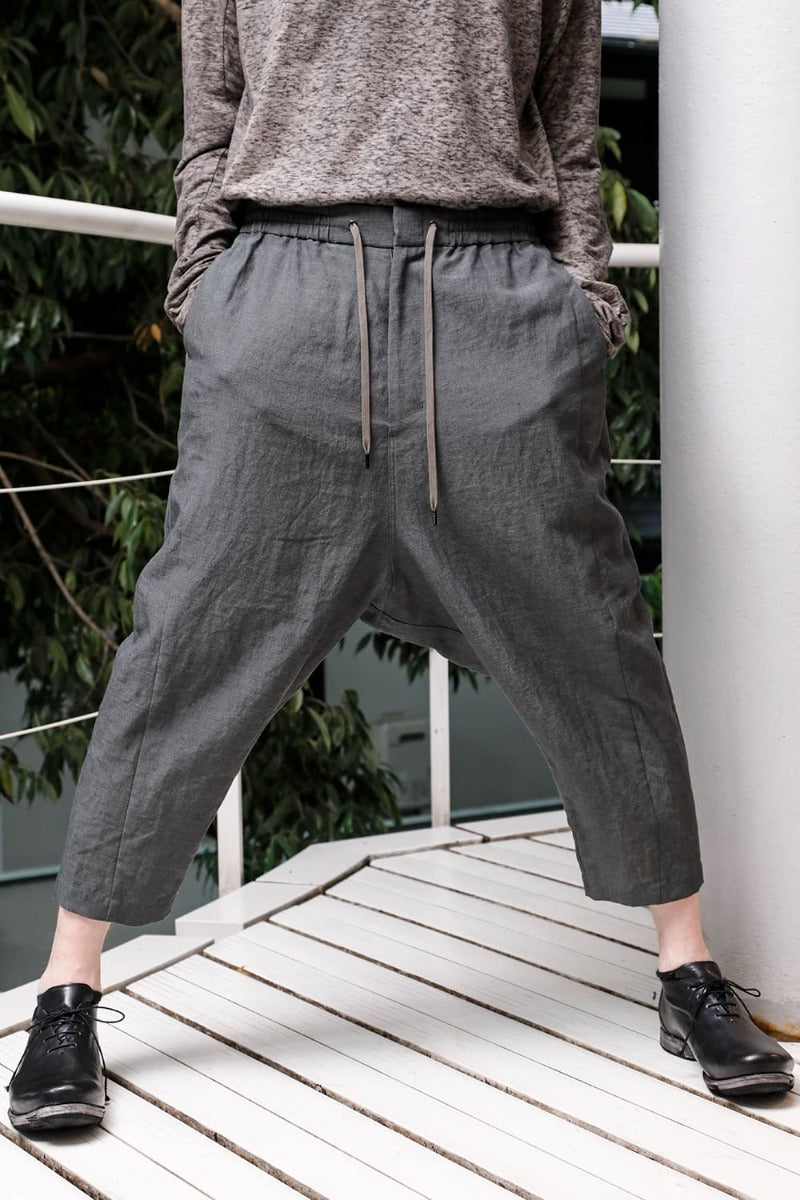 Dropcrotch cropped pants Linen Blue Gray