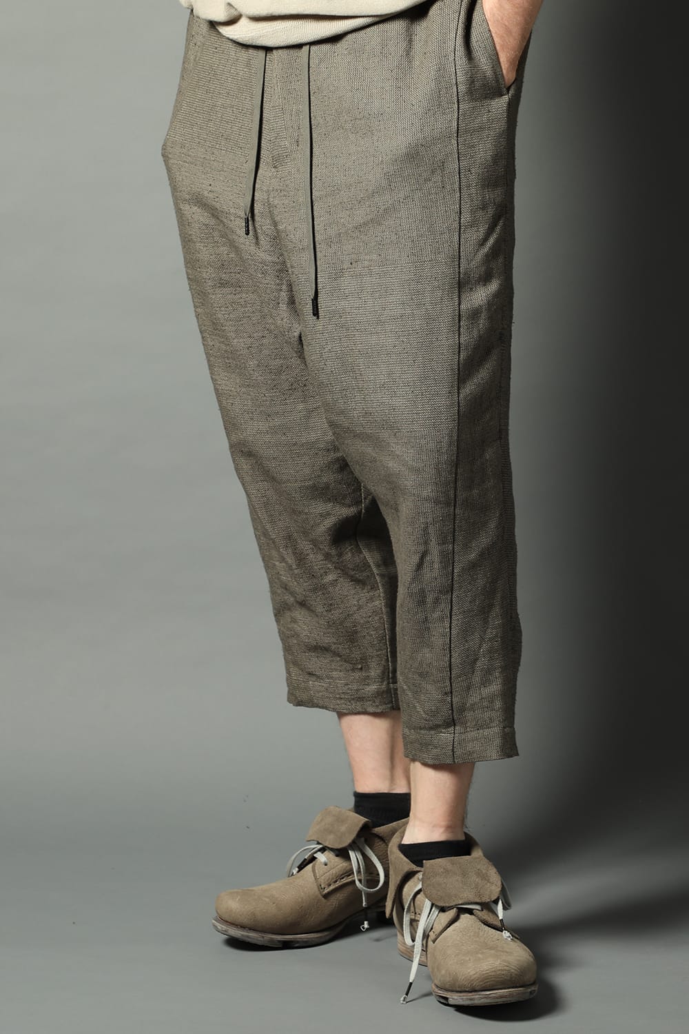 Dropcroch cropped pants silk linen crazy check  Beige Gray