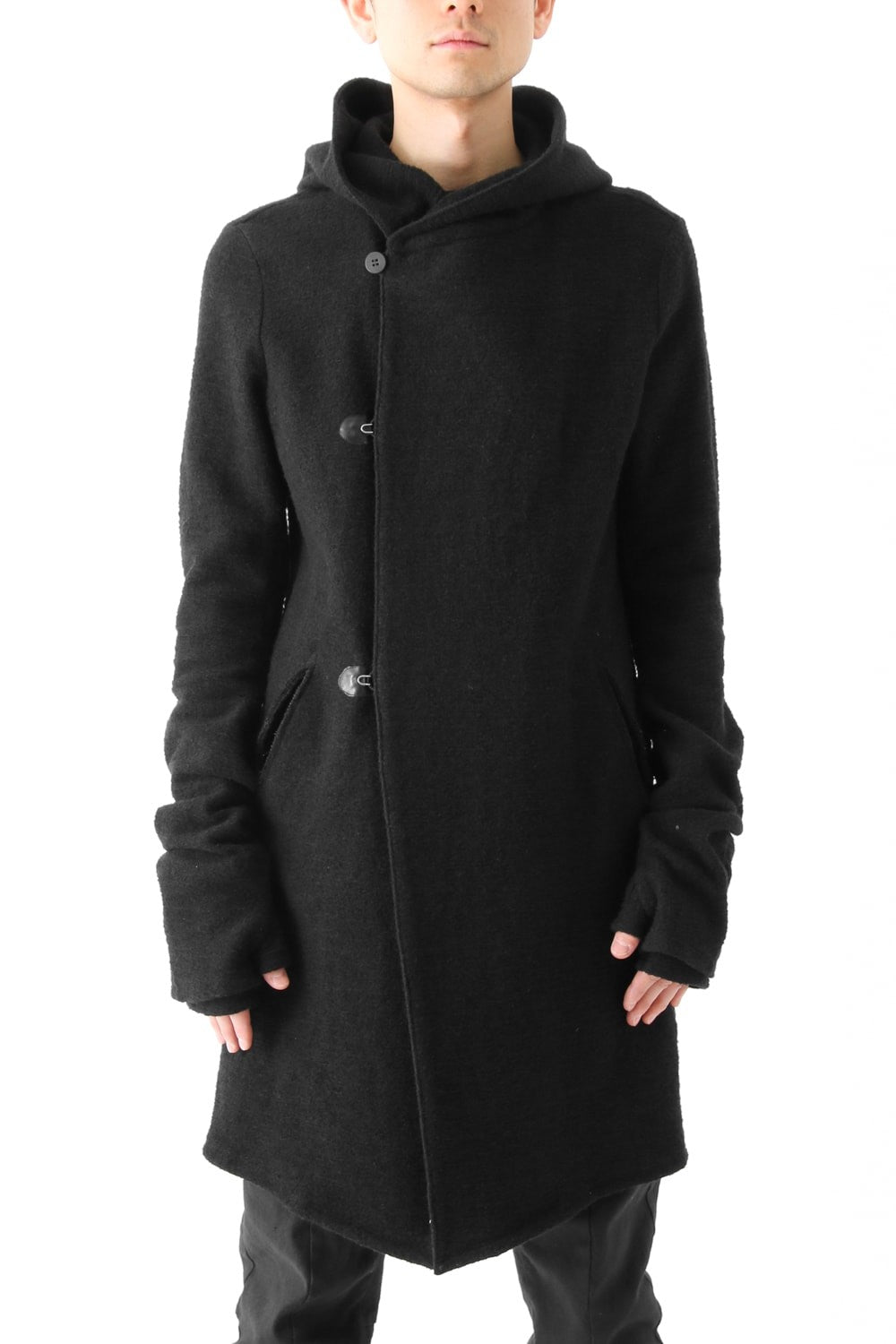 Wool Cotton Jersey Hood Coat Black