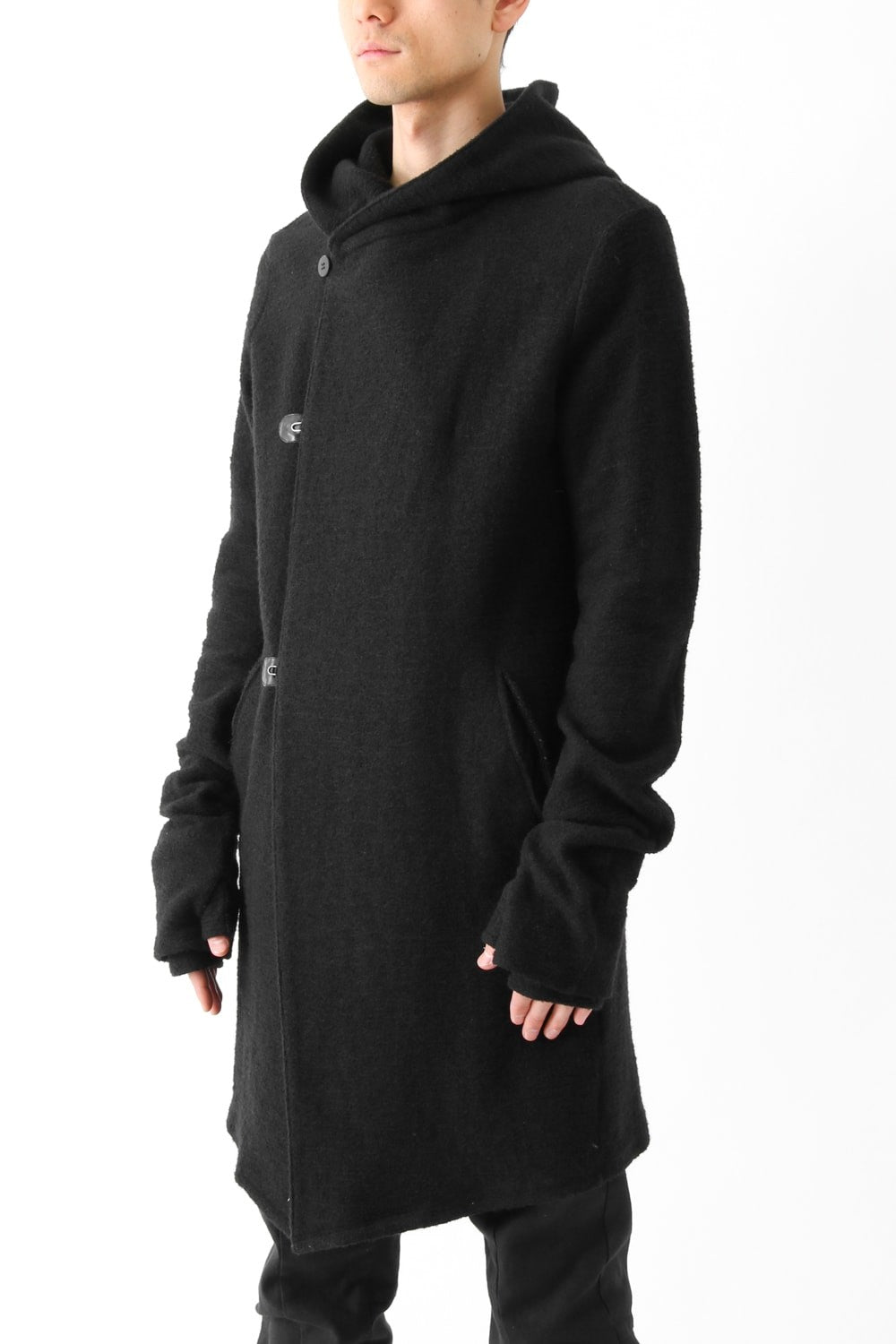 Wool Cotton Jersey Hood Coat Black