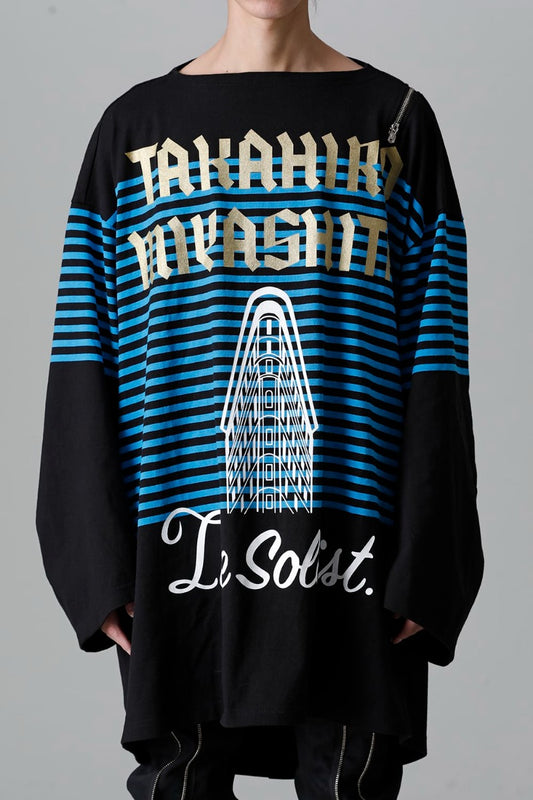 double zip balloon shaped basque shirt Black x L.Blue