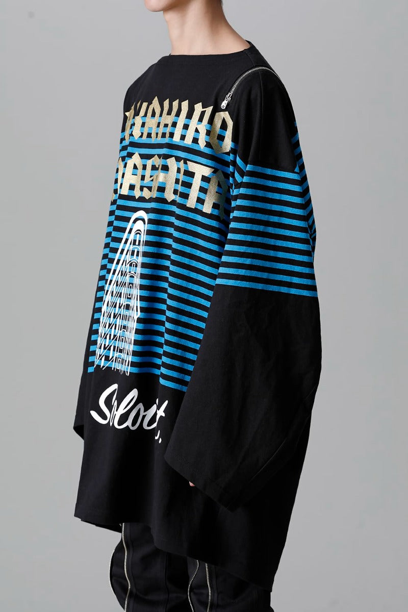 double zip balloon shaped basque shirt Black x L.Blue