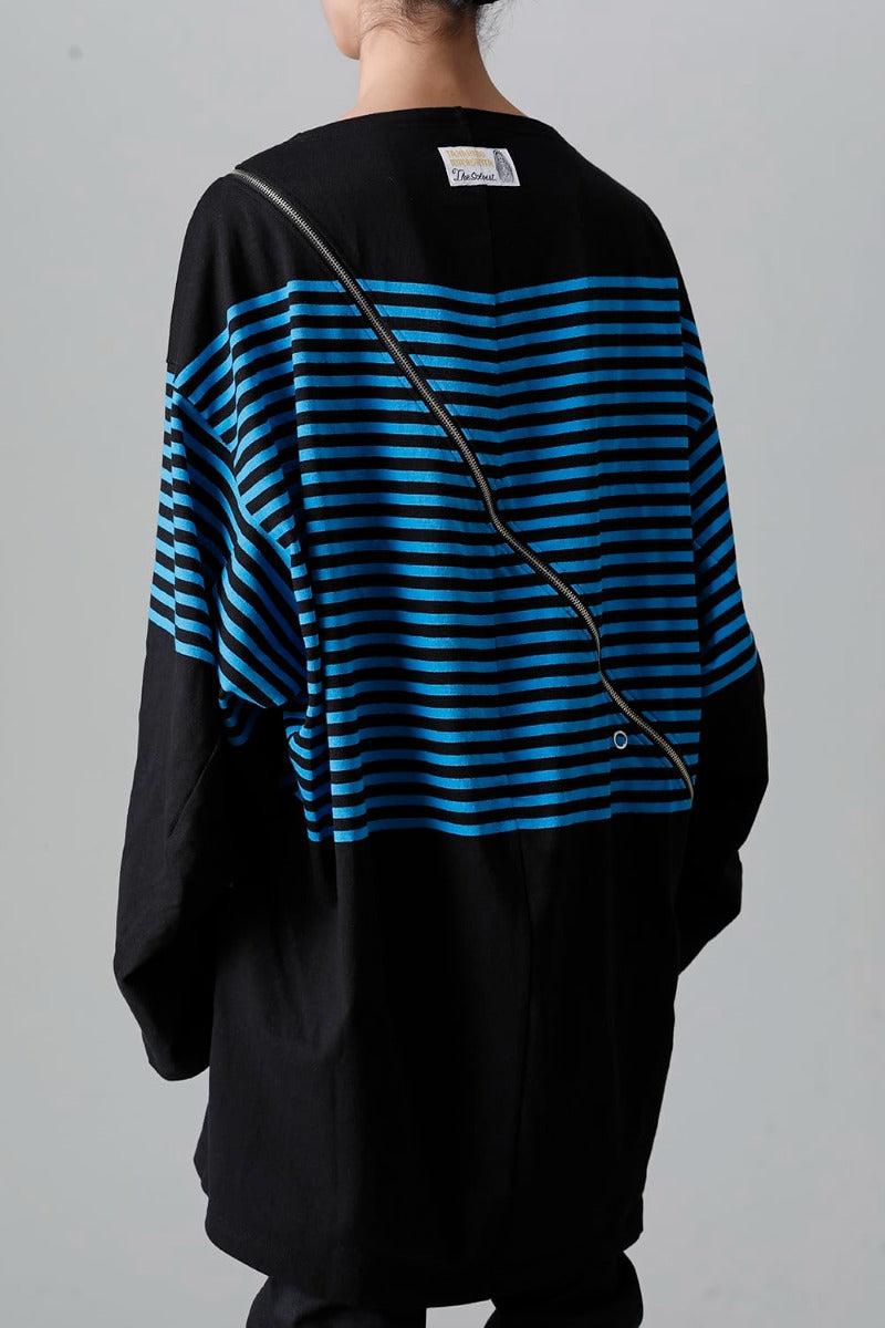 double zip balloon shaped basque shirt Black x L.Blue