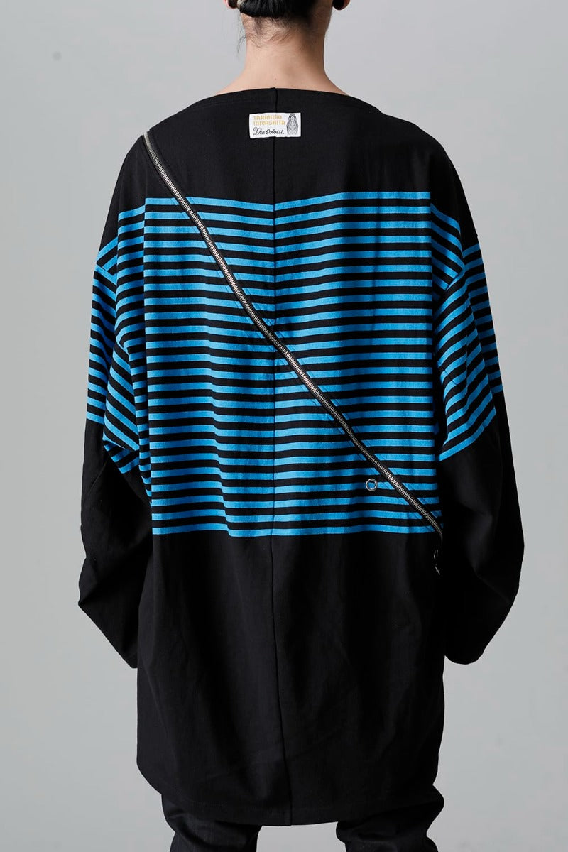 double zip balloon shaped basque shirt Black x L.Blue