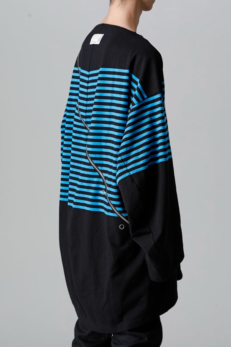 double zip balloon shaped basque shirt Black x L.Blue