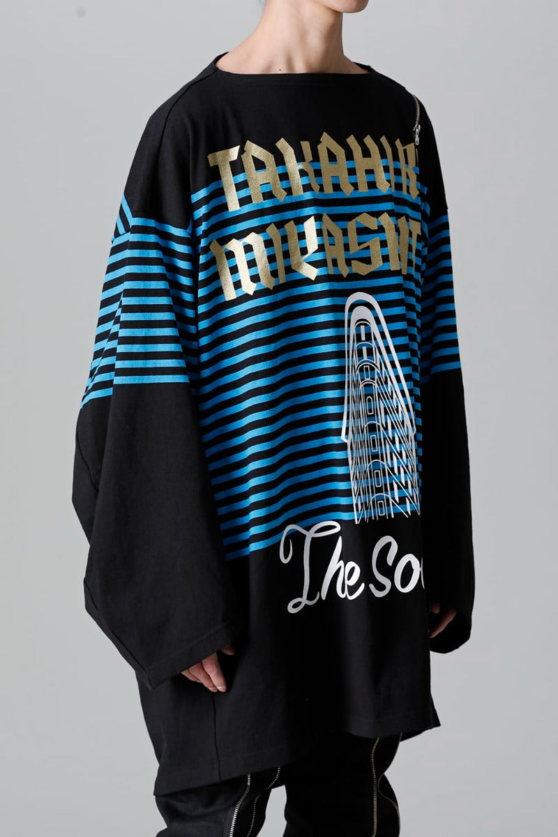 double zip balloon shaped basque shirt Black x L.Blue