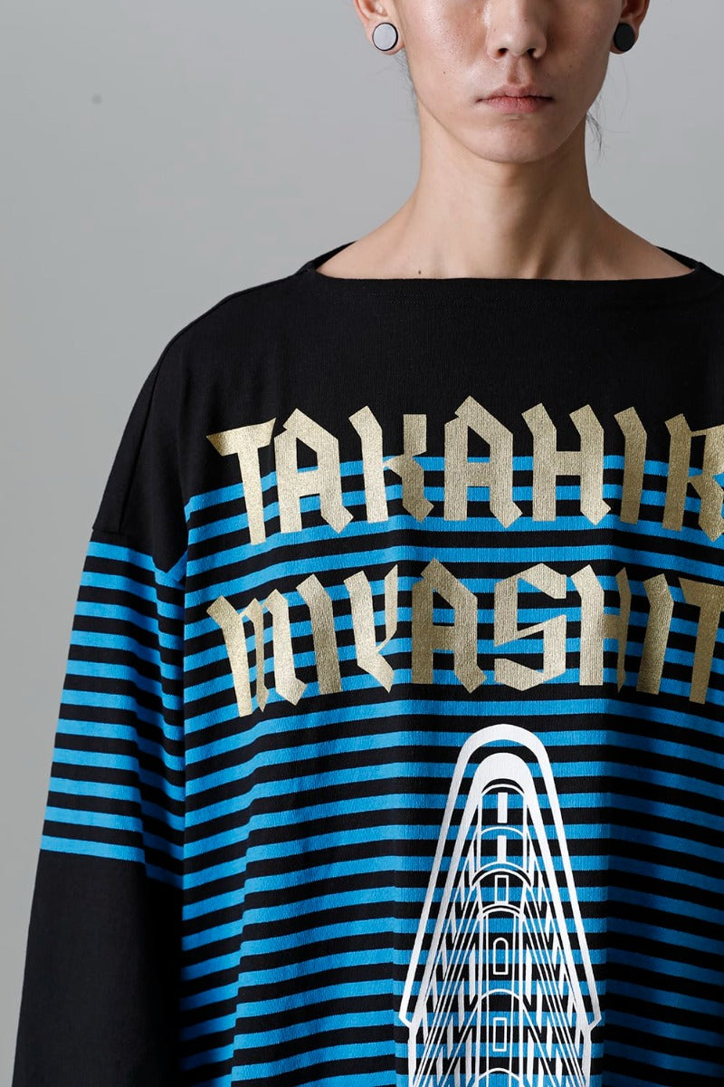 double zip balloon shaped basque shirt Black x L.Blue