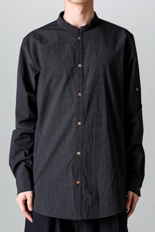 Pinstripe Cotton Mao Collar L/S Shirts  Gray Black