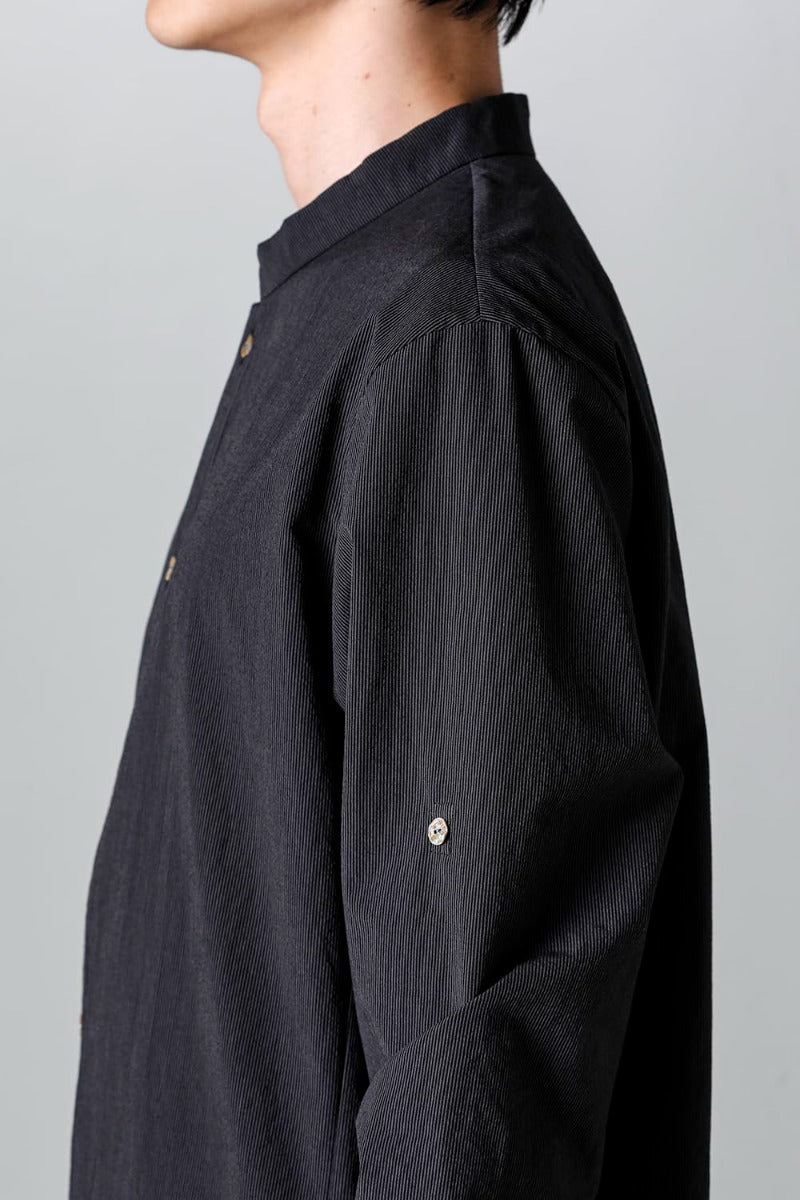Pinstripe Cotton Mao Collar L/S Shirts  Gray Black