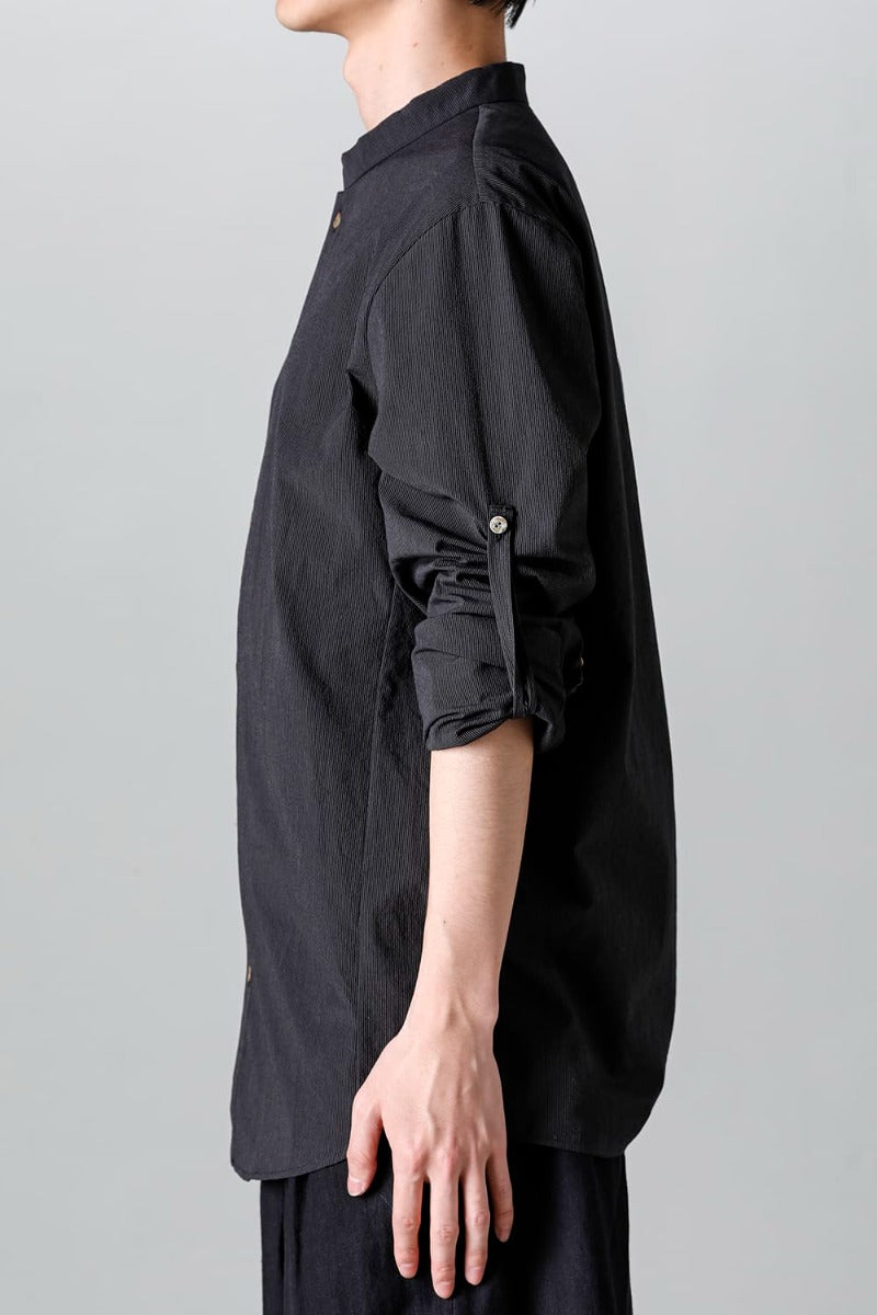 Pinstripe Cotton Mao Collar L/S Shirts  Gray Black