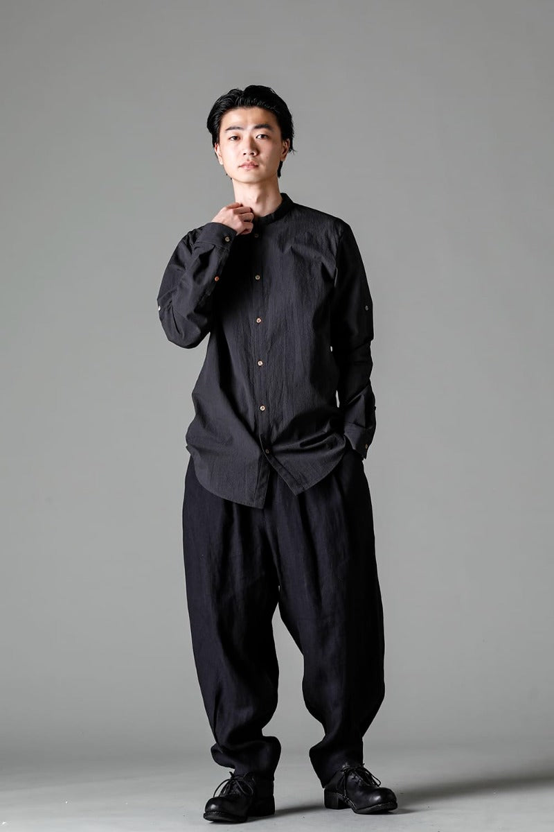 Pinstripe Cotton Mao Collar L/S Shirts  Gray Black