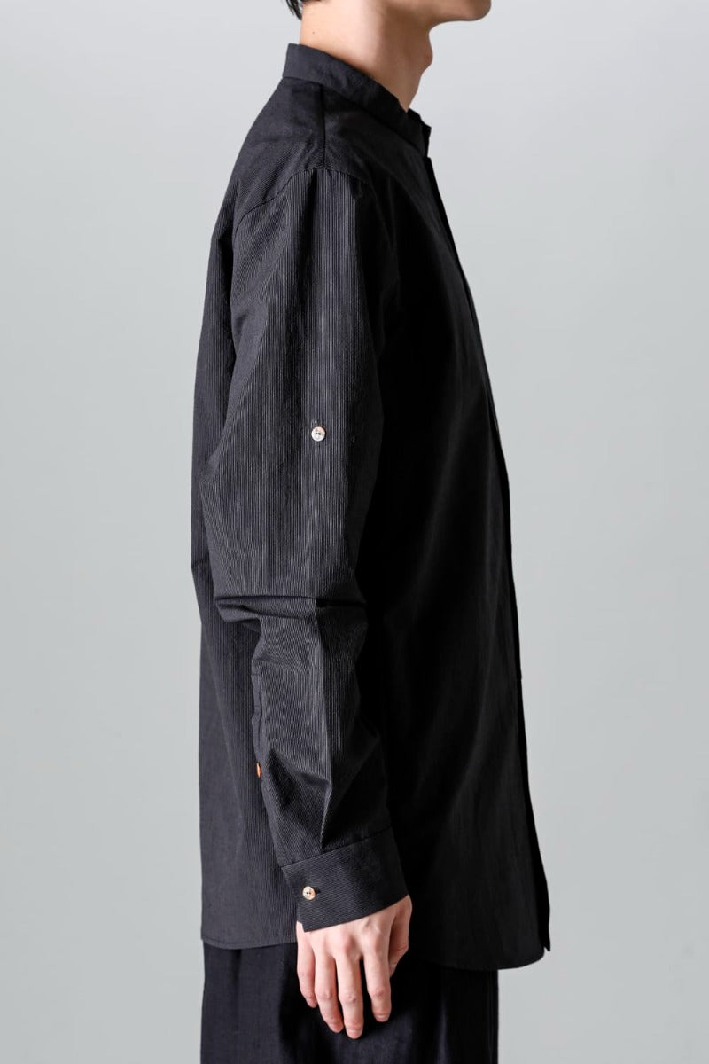 Pinstripe Cotton Mao Collar L/S Shirts  Gray Black