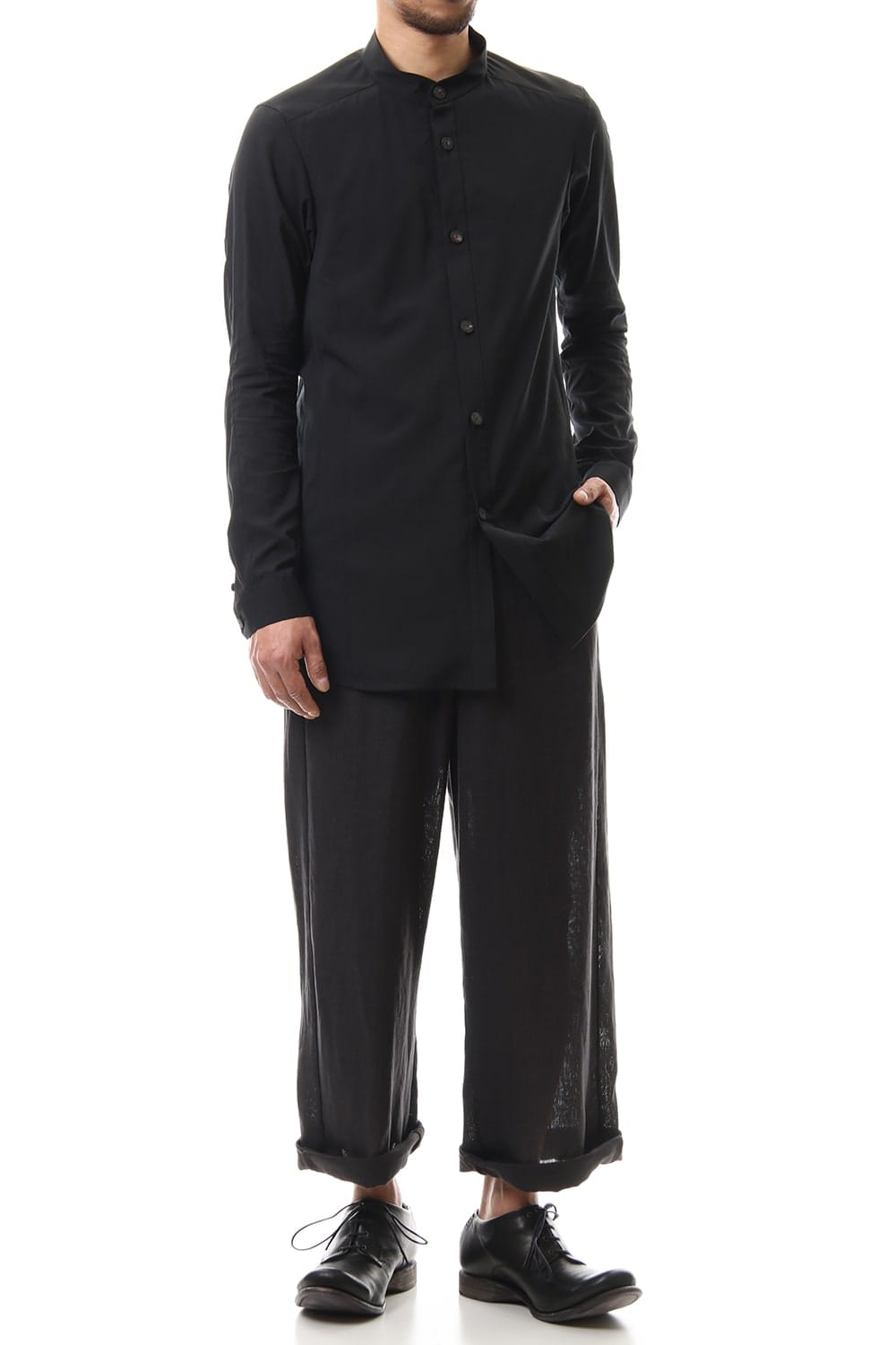 ロング シャツ シルク コットン サンドブラスト Black