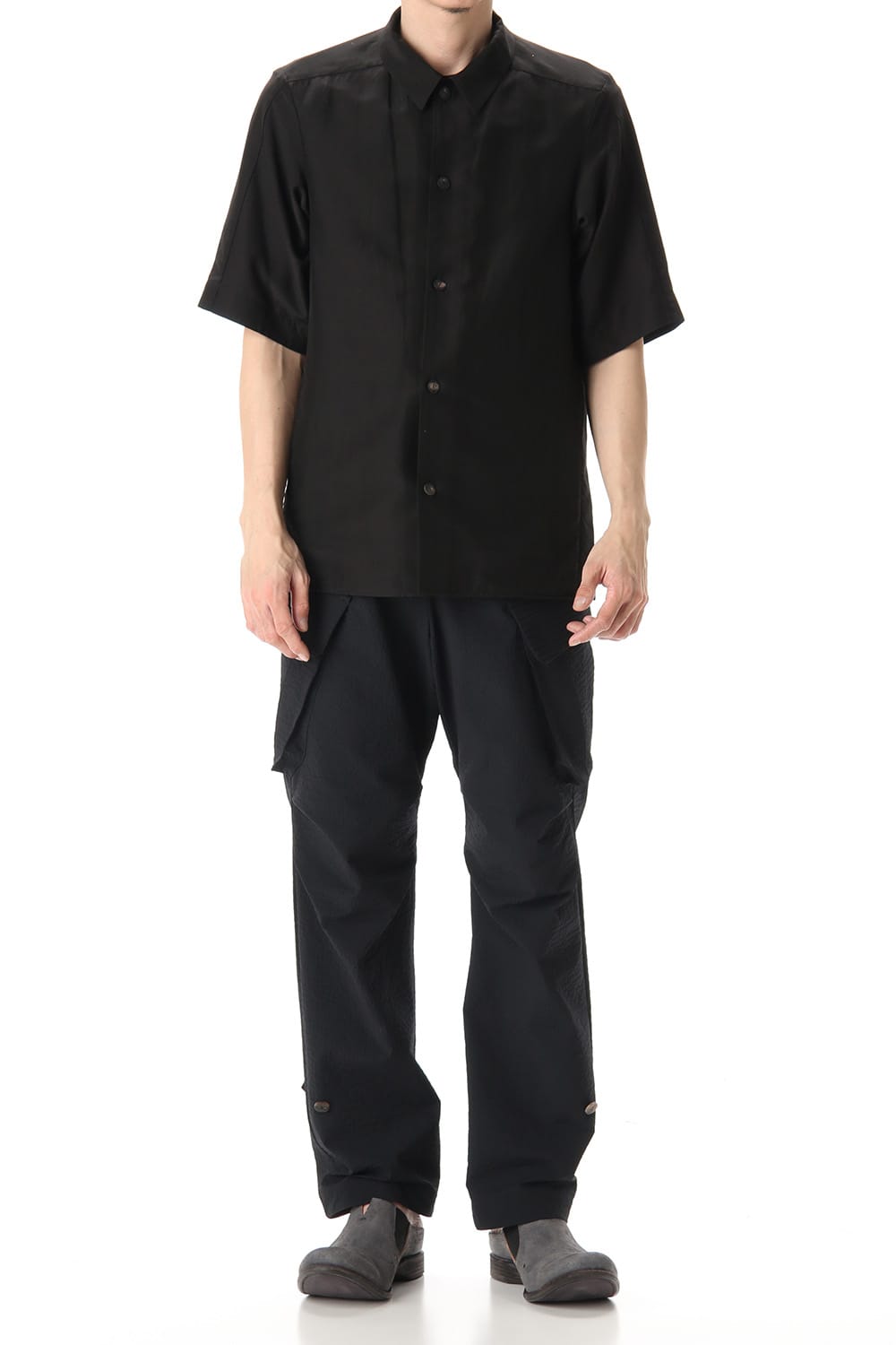 Open collar short sleeve shirt silk tencel sandblast Black