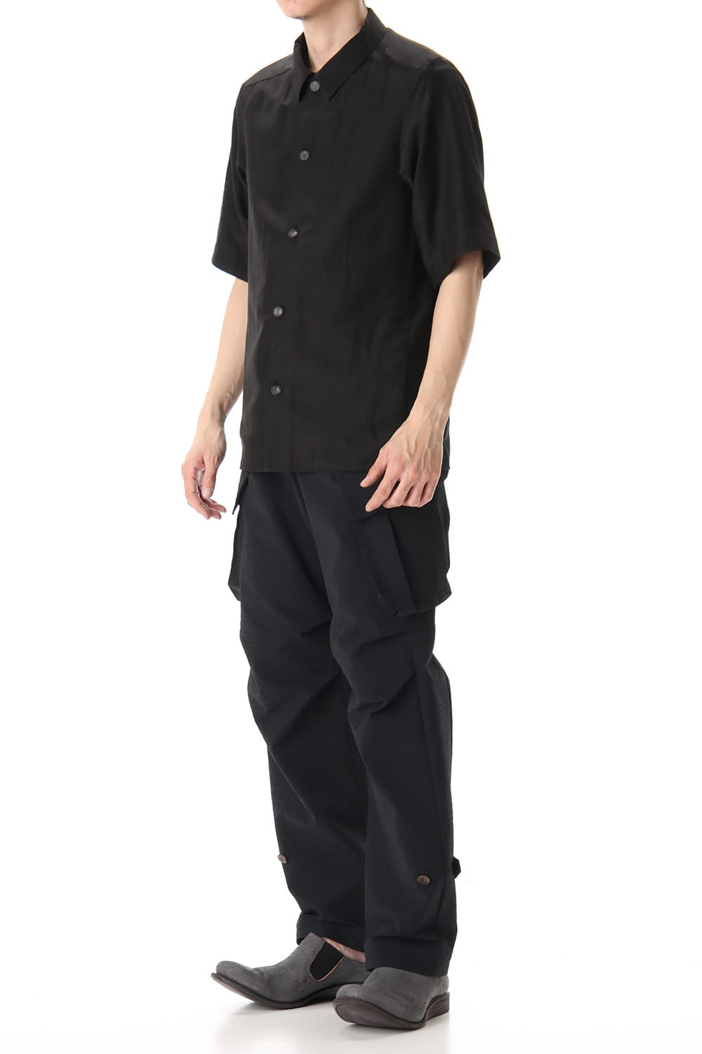 Open collar short sleeve shirt silk tencel sandblast Black