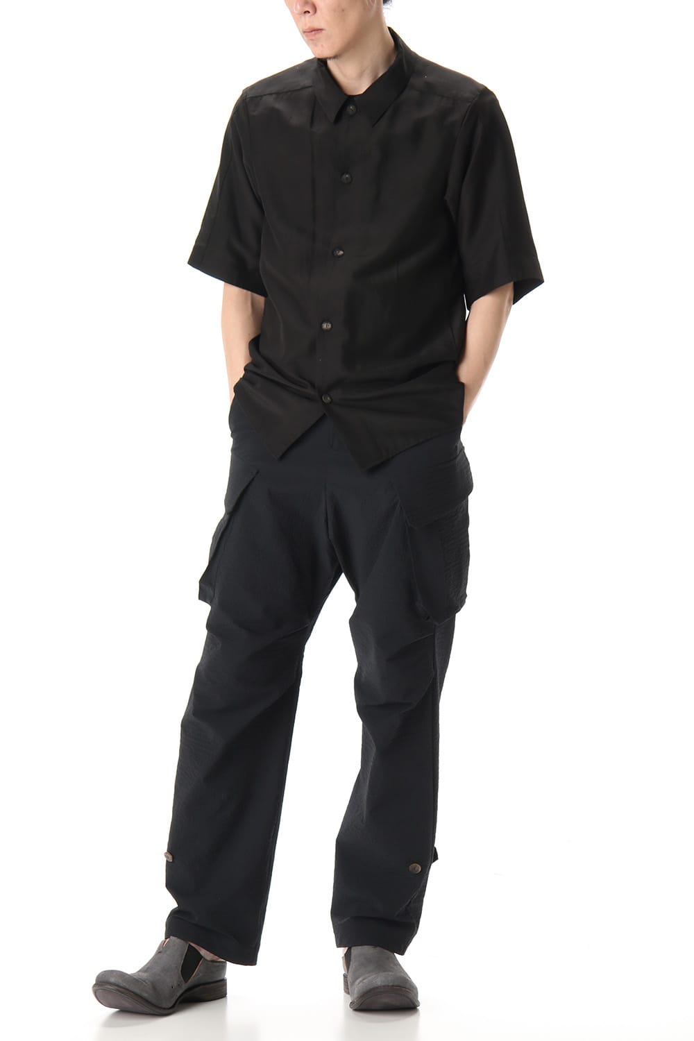 Open collar short sleeve shirt silk tencel sandblast Black