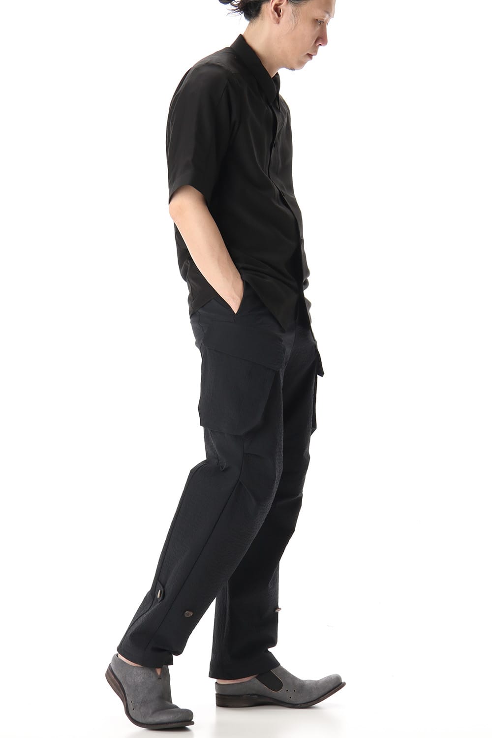 Open collar short sleeve shirt silk tencel sandblast Black