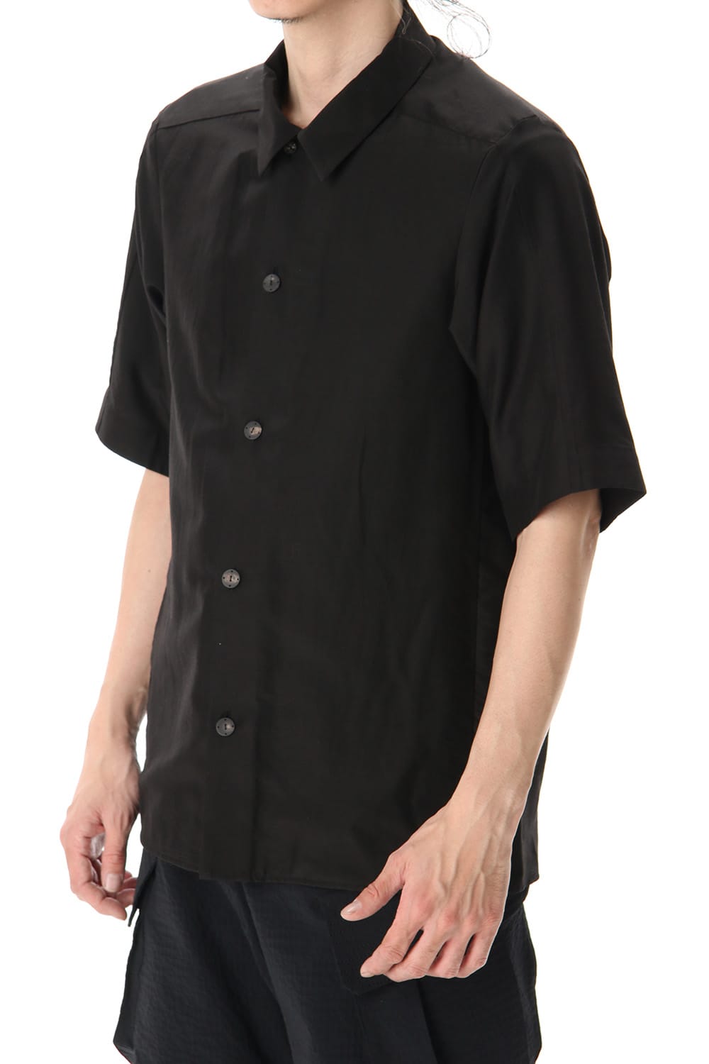 Open collar short sleeve shirt silk tencel sandblast Black