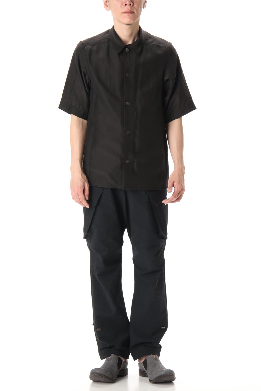 Open collar short sleeve shirt silk tencel sandblast Charcoal