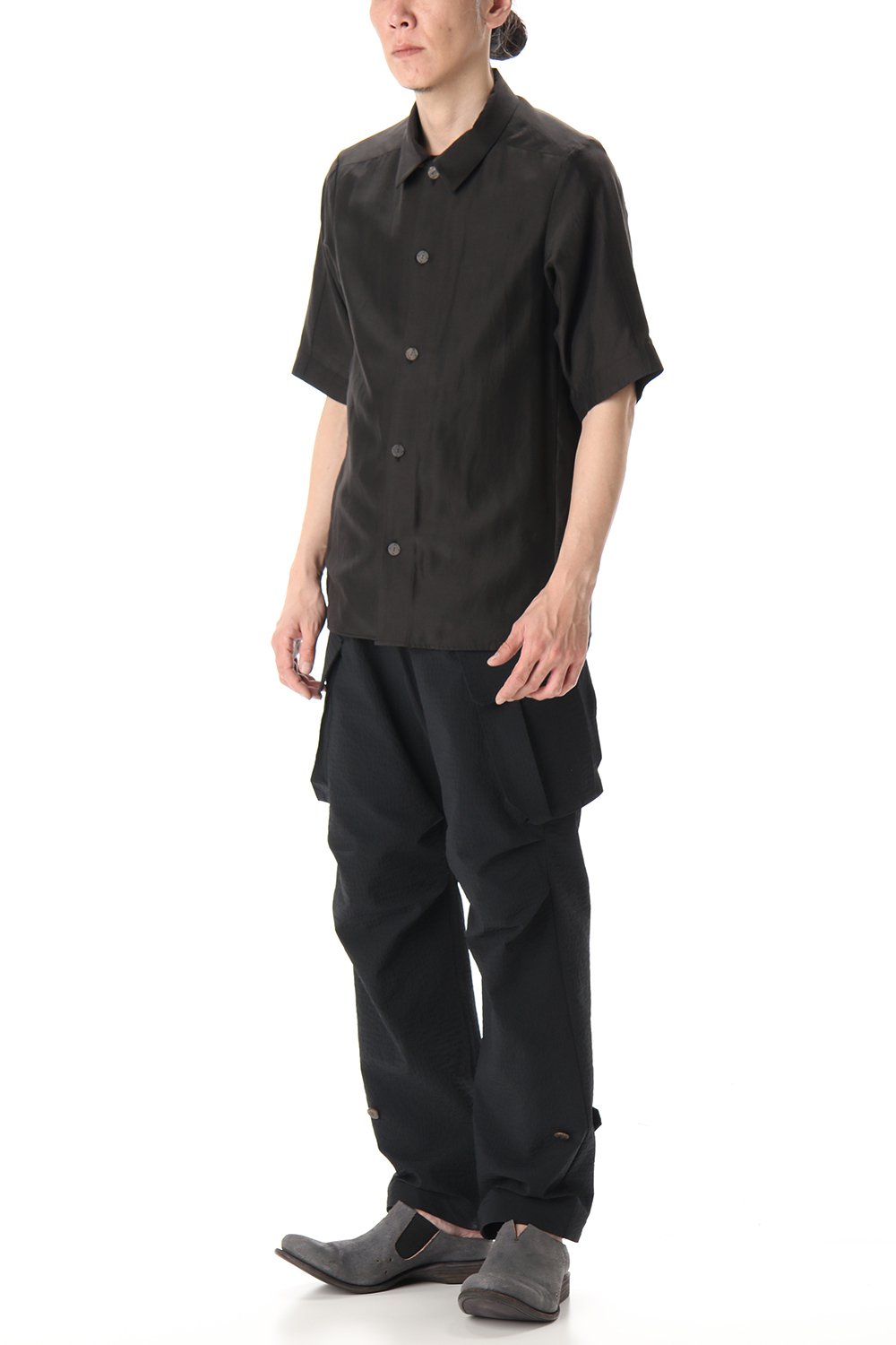 Open collar short sleeve shirt silk tencel sandblast Charcoal