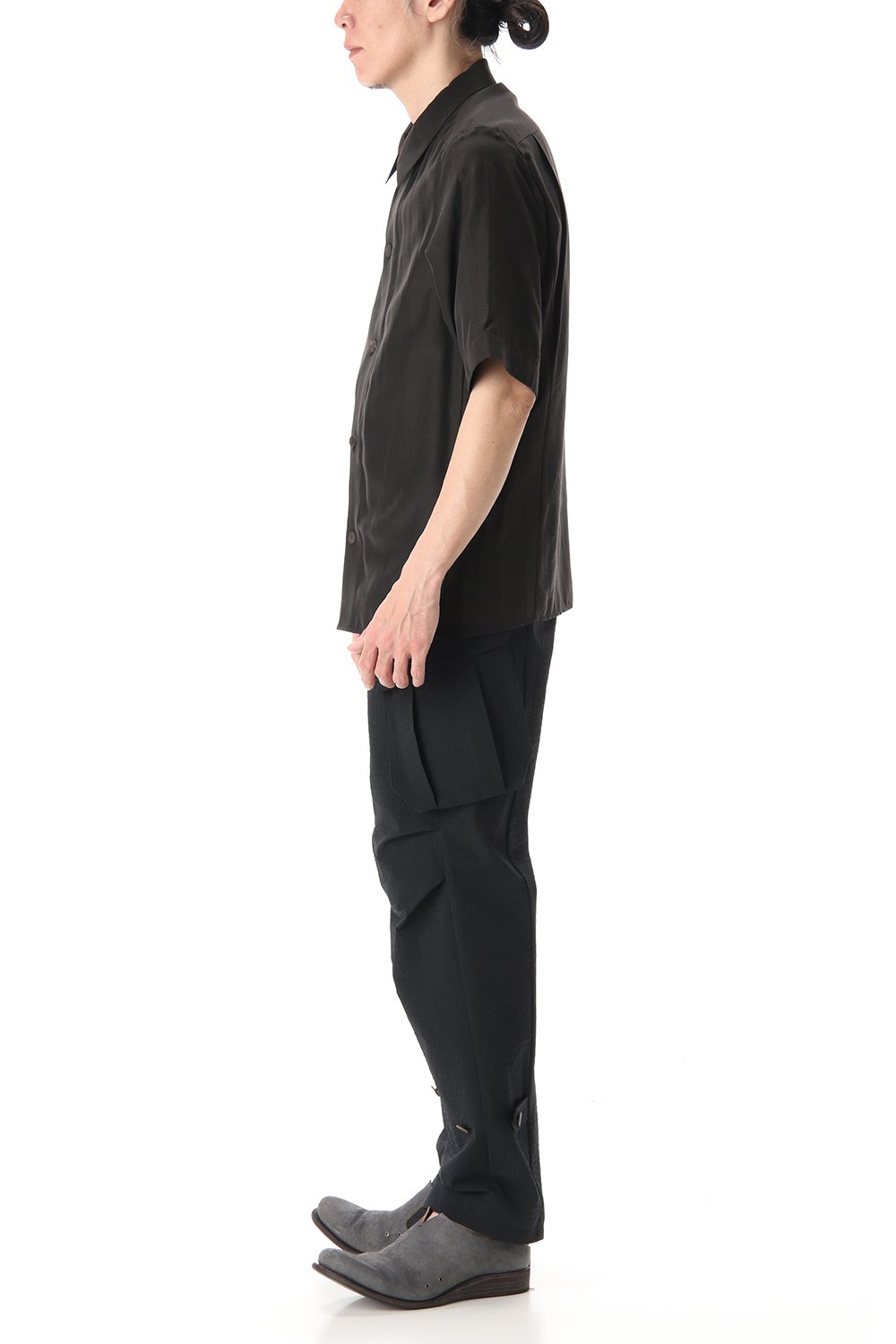 Open collar short sleeve shirt silk tencel sandblast Charcoal