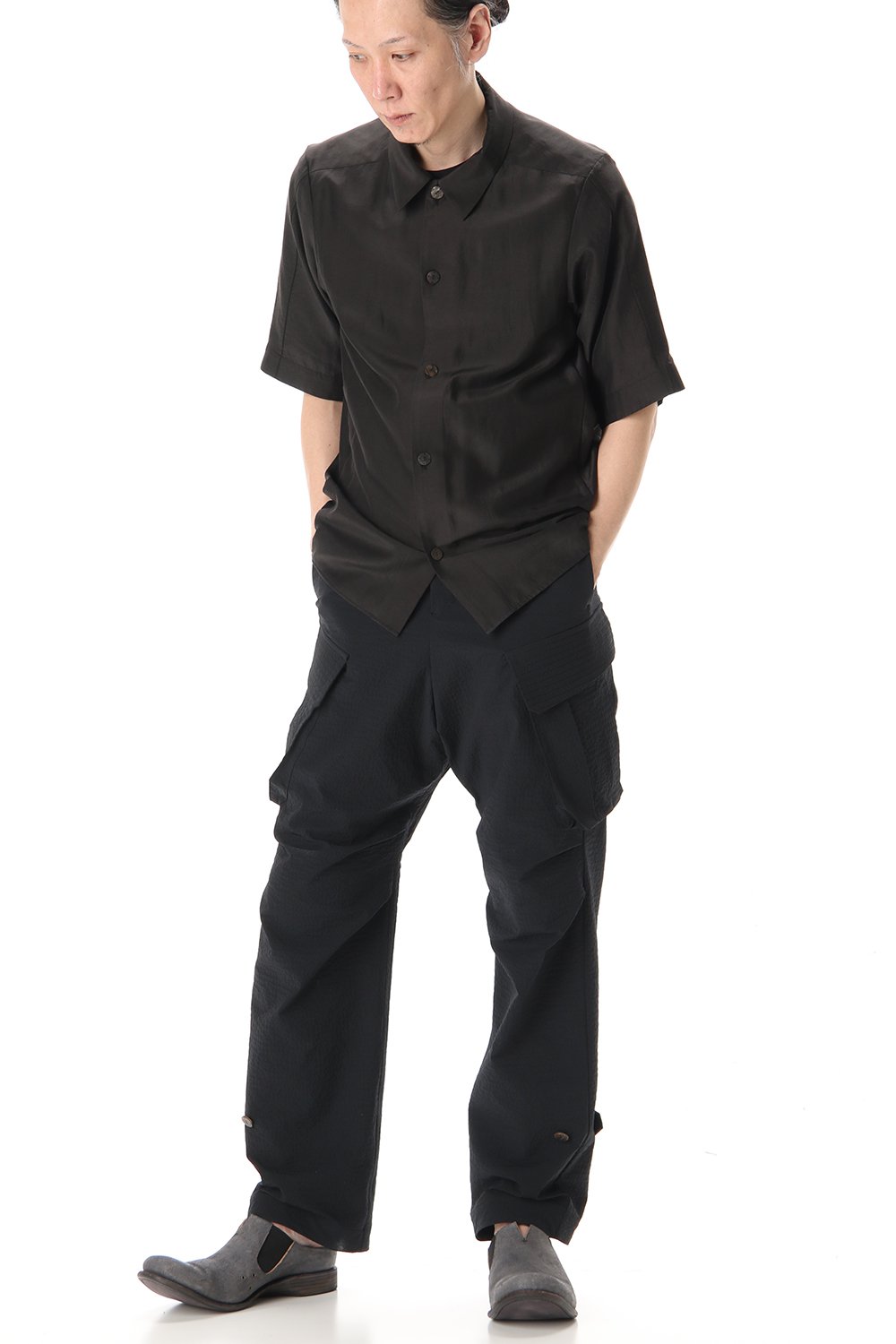 Open collar short sleeve shirt silk tencel sandblast Charcoal