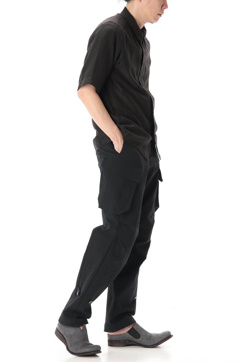 Open collar short sleeve shirt silk tencel sandblast Charcoal