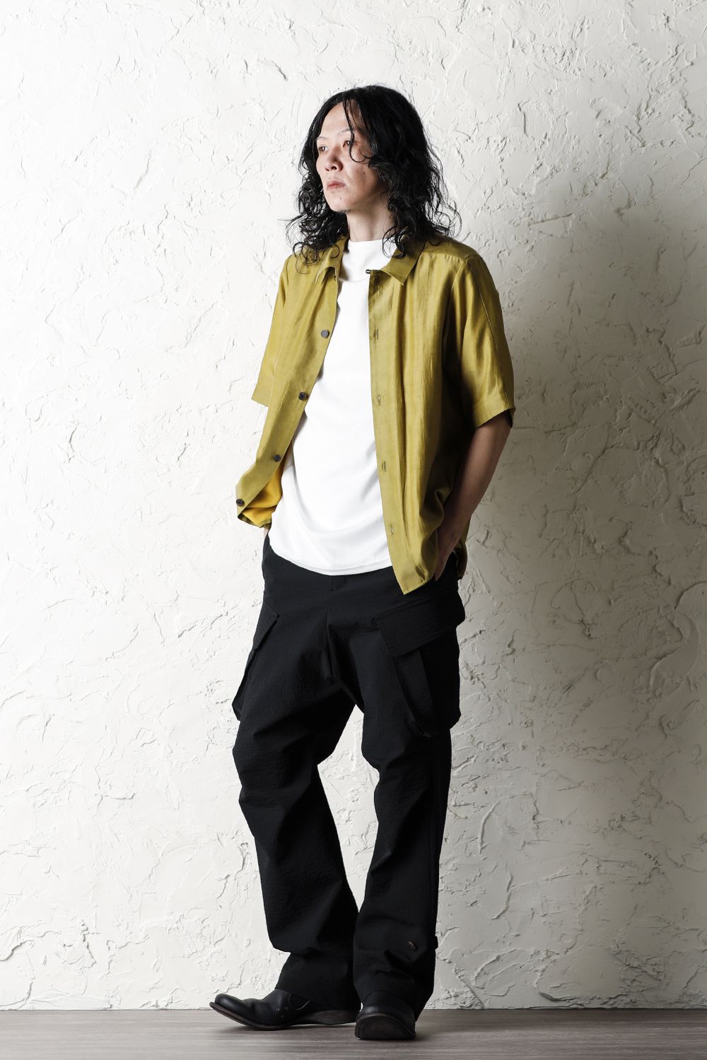 Open collar short sleeve shirt silk tencel sandblast Dirty Yellow