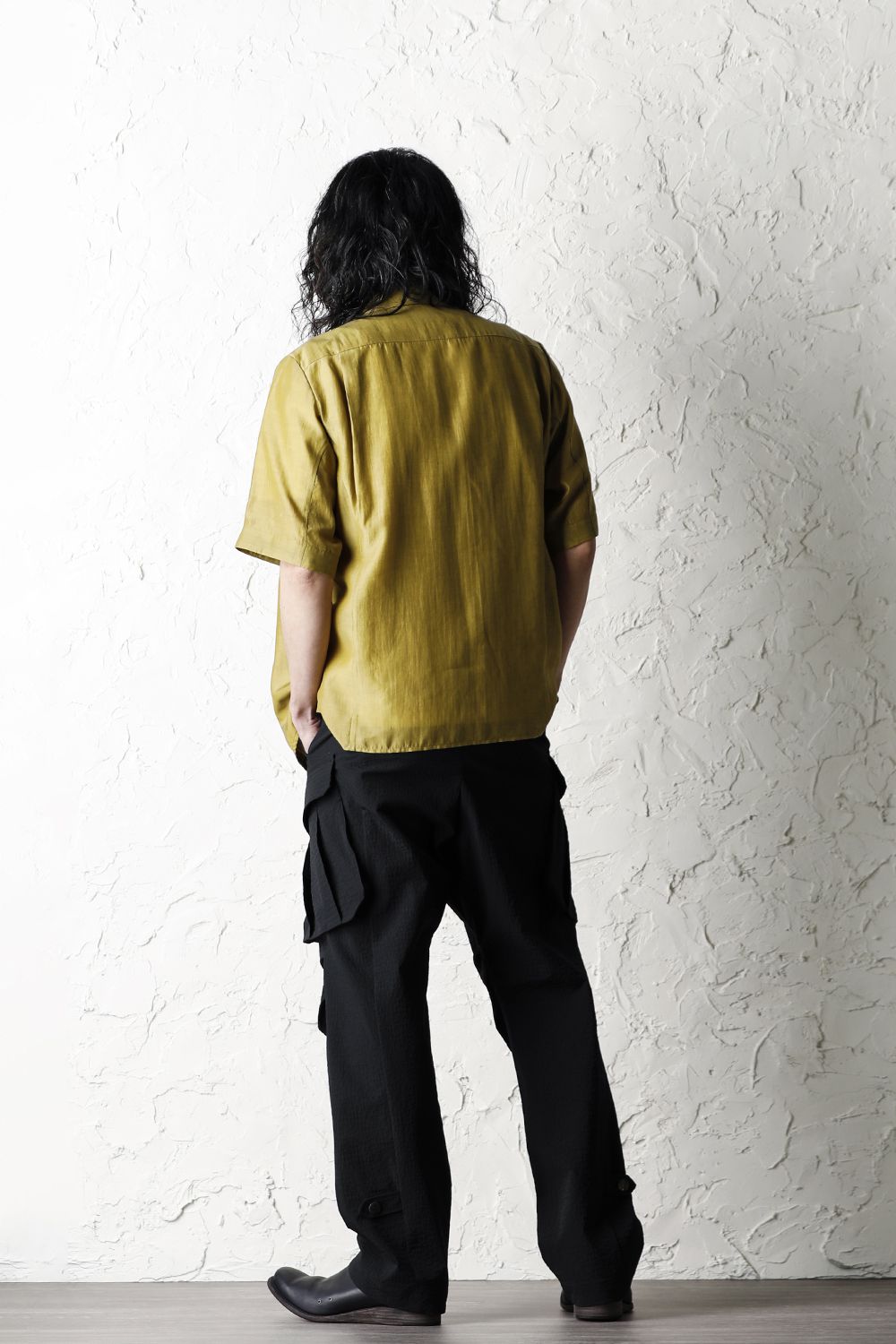 Open collar short sleeve shirt silk tencel sandblast Dirty Yellow