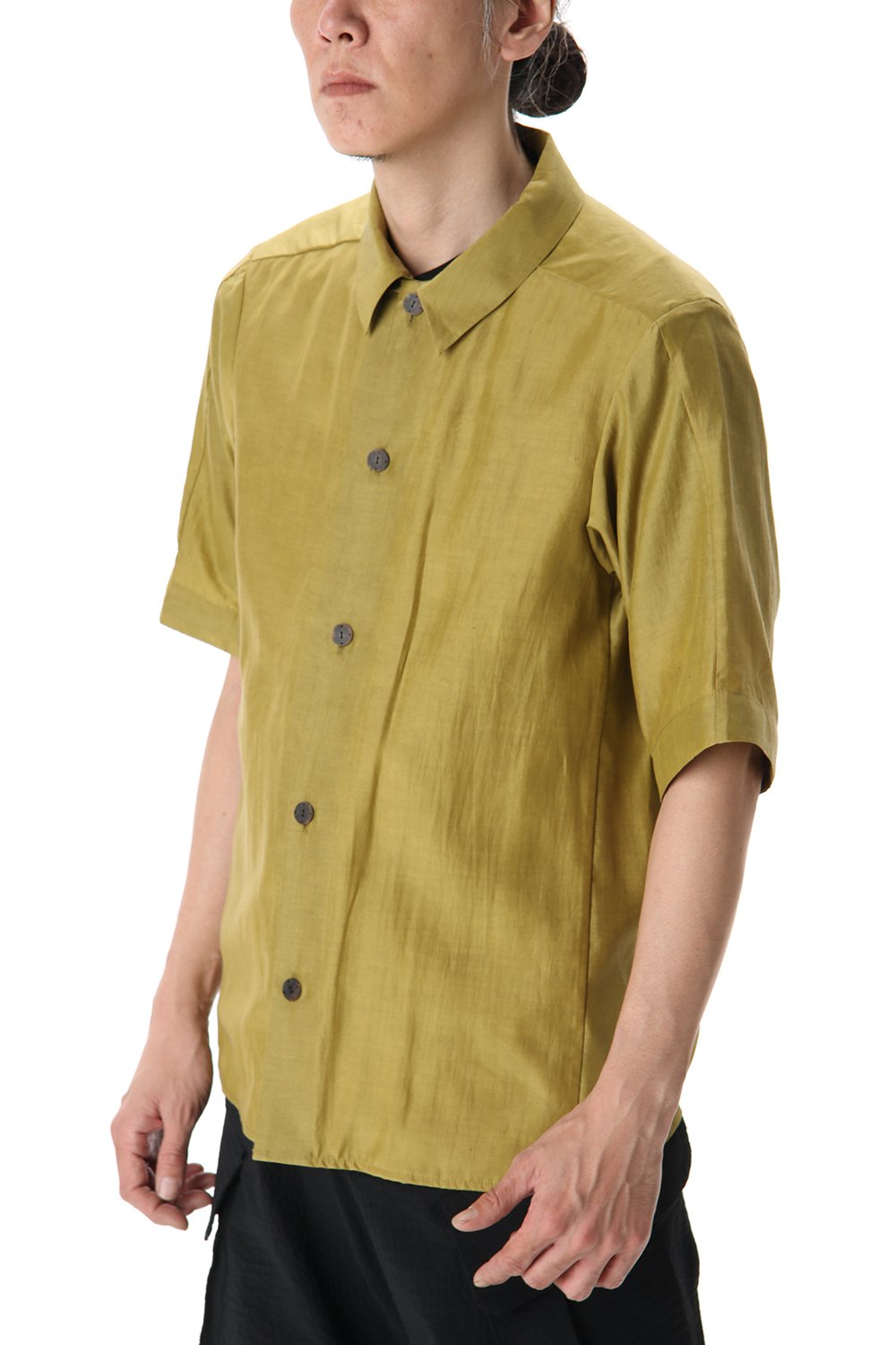 Open collar short sleeve shirt silk tencel sandblast Dirty Yellow