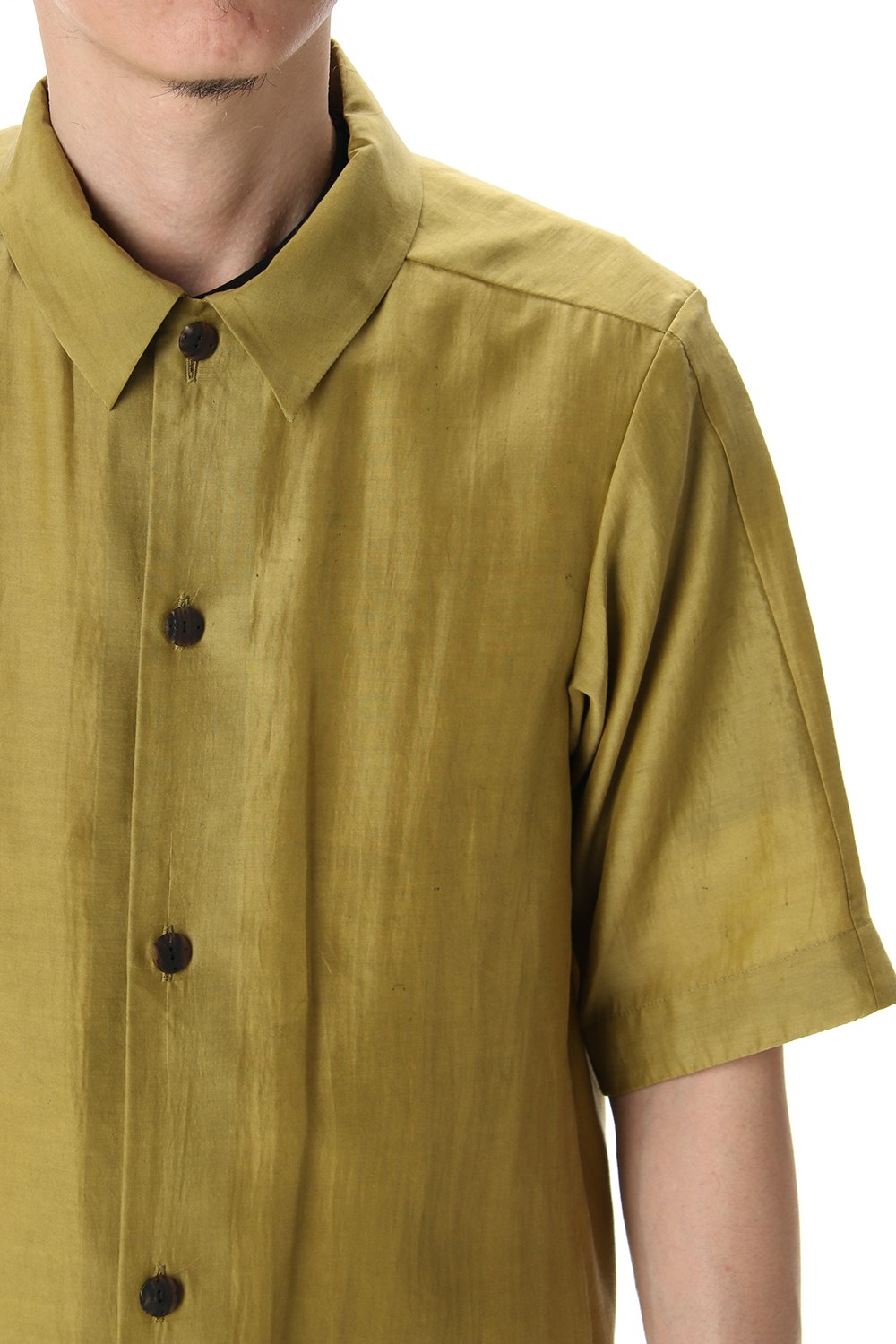 Open collar short sleeve shirt silk tencel sandblast Dirty Yellow