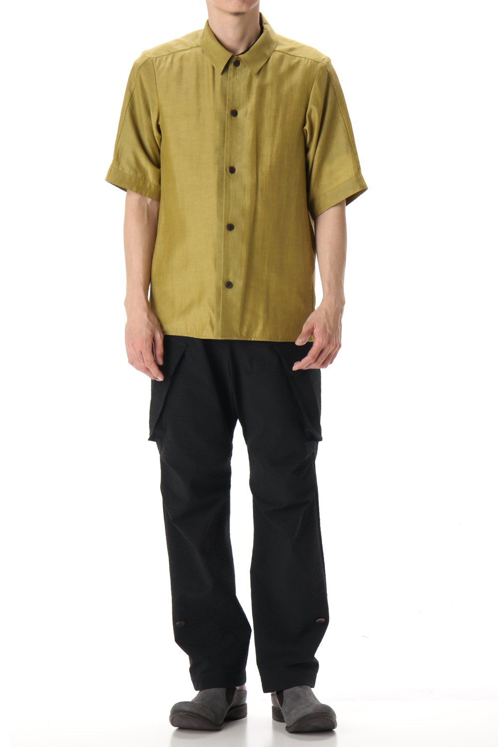 Open collar short sleeve shirt silk tencel sandblast Dirty Yellow