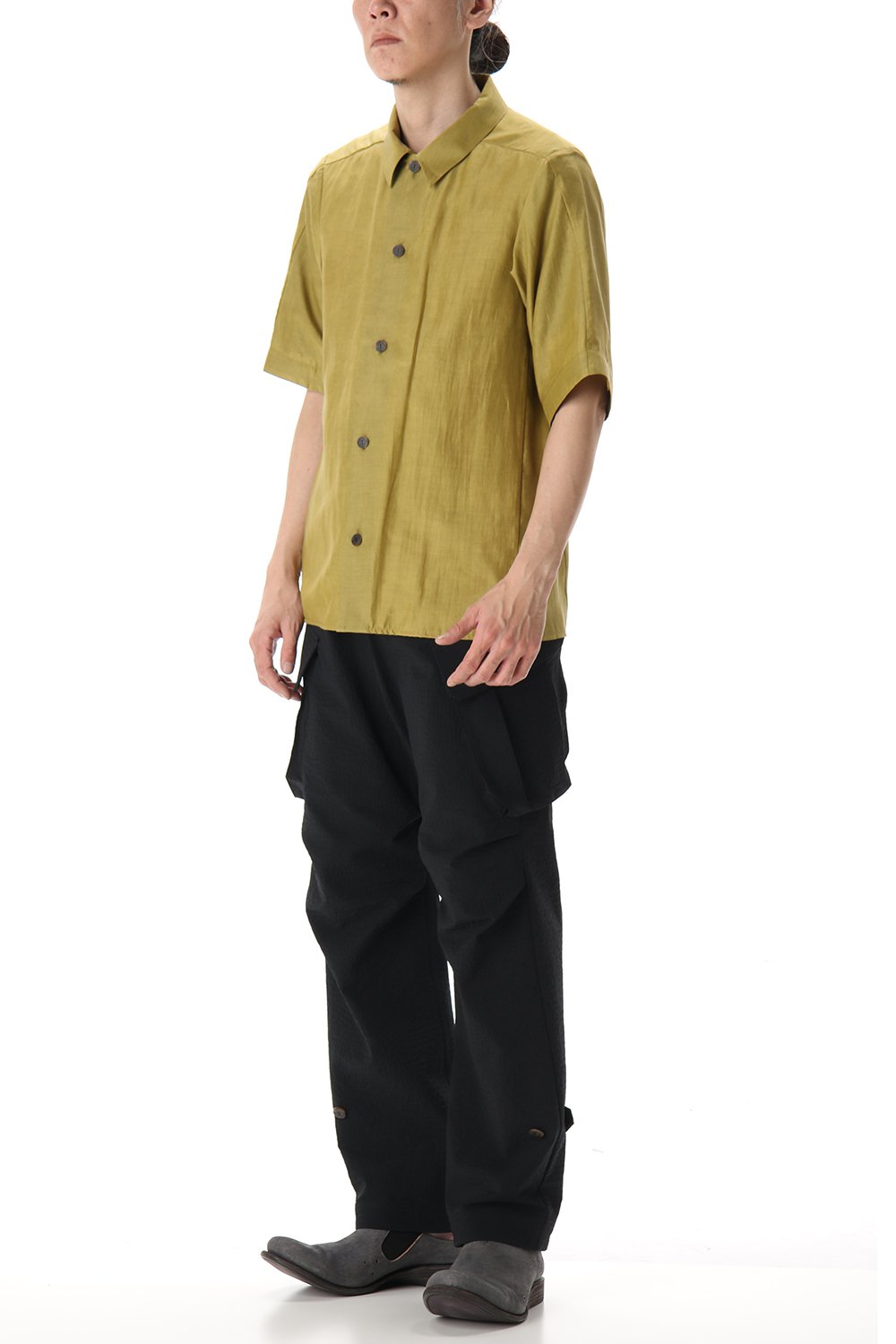 Open collar short sleeve shirt silk tencel sandblast Dirty Yellow