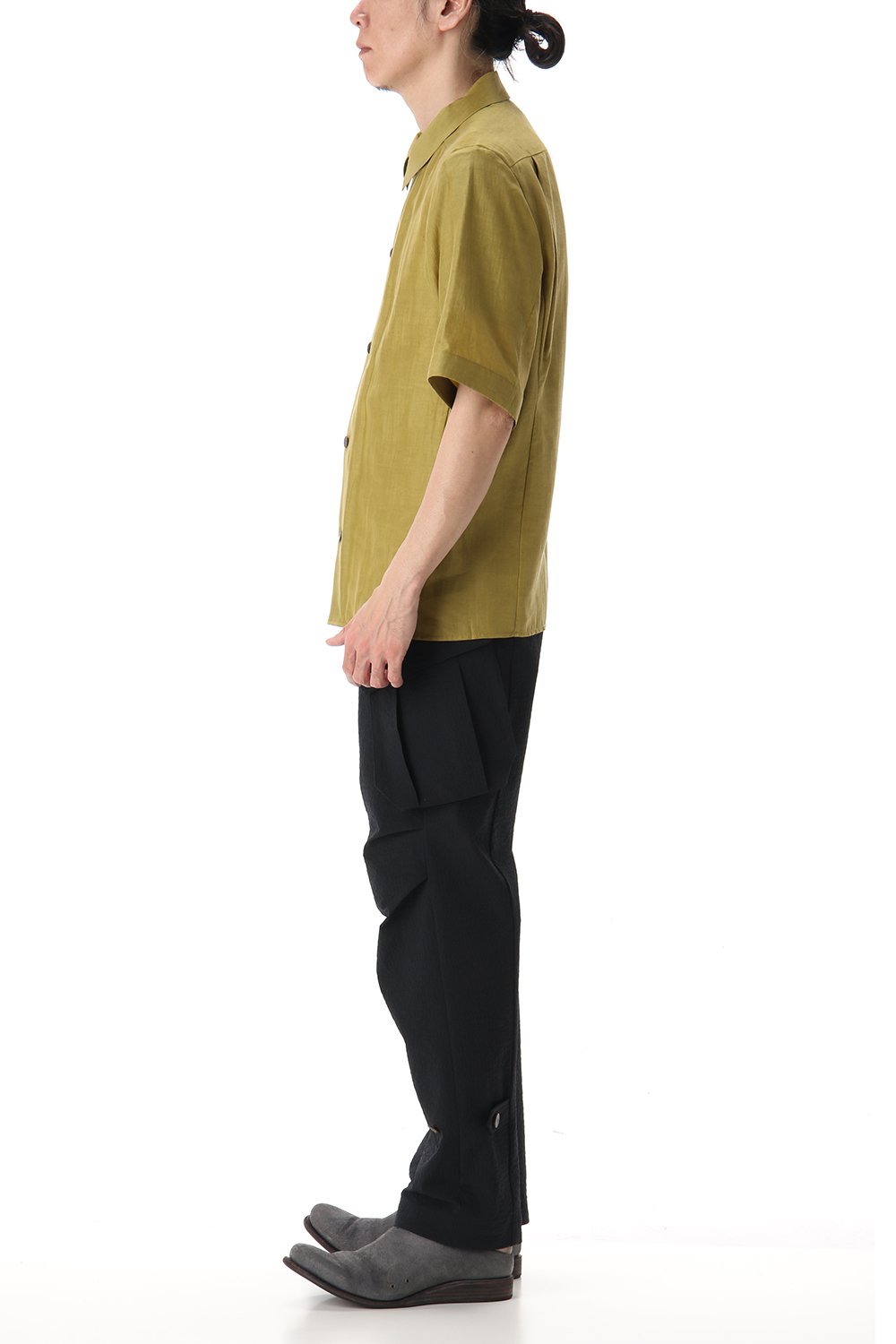 Open collar short sleeve shirt silk tencel sandblast Dirty Yellow