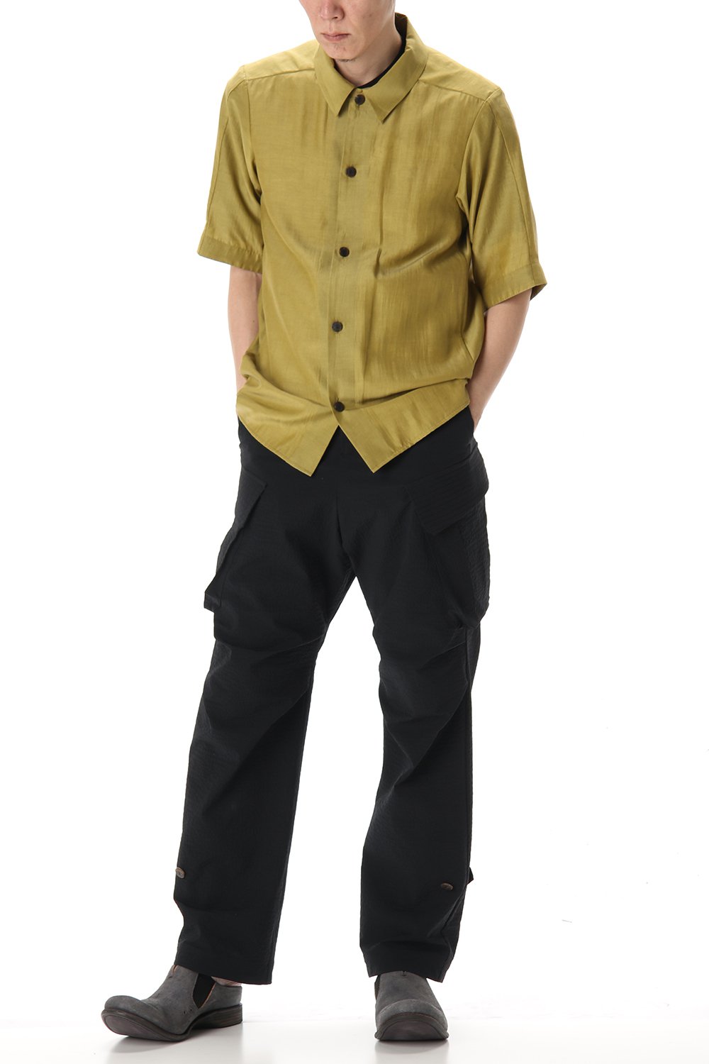 Open collar short sleeve shirt silk tencel sandblast Dirty Yellow