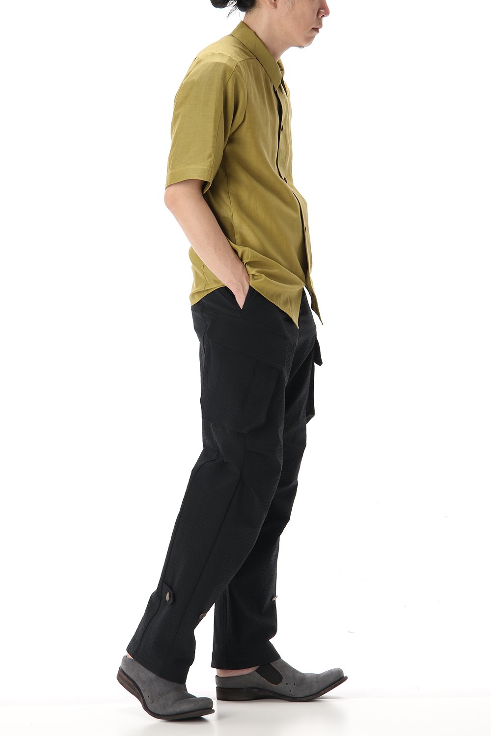 Open collar short sleeve shirt silk tencel sandblast Dirty Yellow