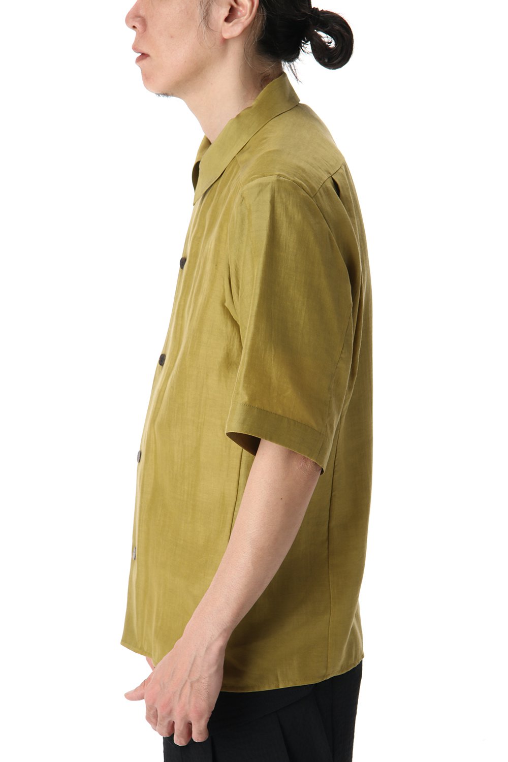 Open collar short sleeve shirt silk tencel sandblast Dirty Yellow